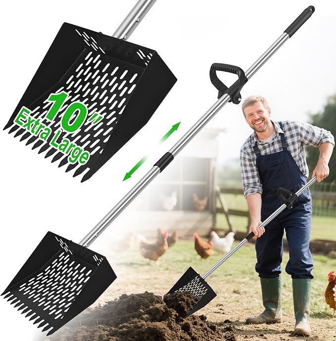2-in-1 Chicken Poop Scooper & Rake - Adjustable Chicken Coop Scoop with Handle（39、53、67 in），Stainless Steel Shovel Head- Litter Scooper Sand & Sifting Shovel for Chicken Coops-PawvioPets