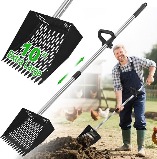 2-in-1 Chicken Poop Scooper & Rake - Adjustable Chicken Coop Scoop with Handle（39、53、67 in），Stainless Steel Shovel Head- Litter Scooper Sand & Sifting Shovel for Chicken Coops-PawvioPets