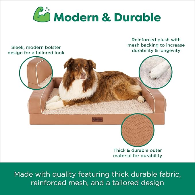 FurHaven Orthopedic Dog Sofa Bed – Memory Foam Couch with Bolsters, Textured Plush & Water-Resistant Cover, Washable Cover, Joint Support - Camel, Large-PawvioPets