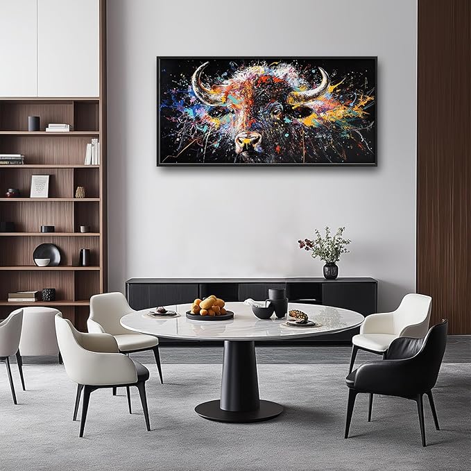 Framed Large Bison Buffalo Wall Art for Living Room, Oversized Graffiti Yak Cow Wall Decor Banksy Bull Canvas Painting Animal Pictures Modern Artwork for Living Room Bedroom Office 60"x30"-PawvioPets