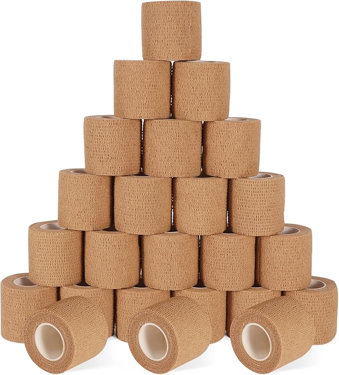 24 Pack Self Adhesive Bandage Wrap, 2” x 5 Yards Cohesive Medical Tape Elastic Grip Tape Sports Tape Athletic for Ankle, Wrist Sprains, Pet First Aid (Brown, 2 Inch)-PawvioPets