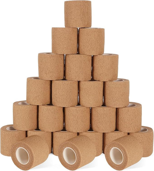 24 Pack Self Adhesive Bandage Wrap, 2” x 5 Yards Cohesive Medical Tape Elastic Grip Tape Sports Tape Athletic for Ankle, Wrist Sprains, Pet First Aid (Brown, 2 Inch)-PawvioPets