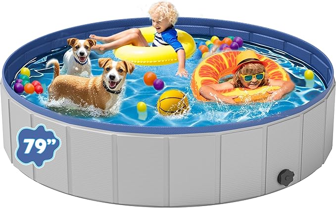 Dog Pool for Large Dogs, Foldable Plastic Pool for Dogs Slip-Resistant (XL - 79'' x 16'')-PawvioPets