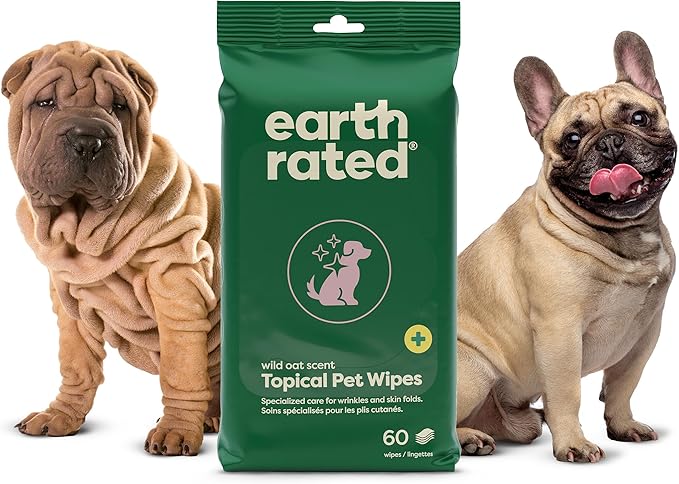 Earth Rated Wrinkle Wipes for Dogs, Perfect for Bulldogs and Pugs, to Cleanse Wrinkles and Folds, Wild Oat Scent, 60 Count-PawvioPets
