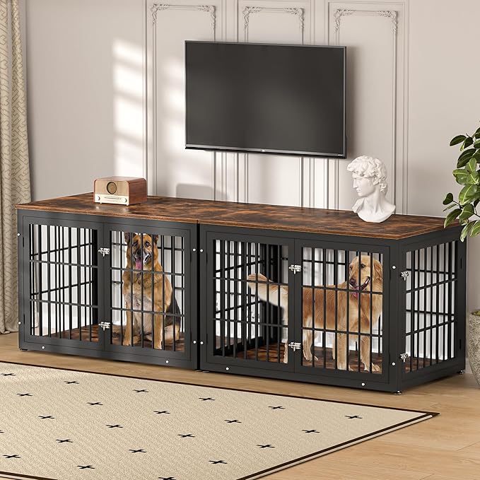 48 Inch Rustic Heavy Duty Dog Crate Furniture for Extra Large Dogs, Decorative Pet House End Table, Wooden Cage Kennel Furniture Indoor, Black and Brown-PawvioPets