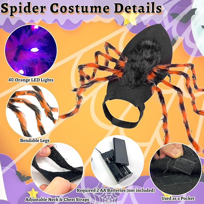 Camlinbo 24 LED Spider Dog Halloween Costume for Small Medium Large Dogs, Furry Spider with LED Lights Puppy Pet Costume Outfits Clothes Funny Halloween Costume Party Cosplay-PawvioPets