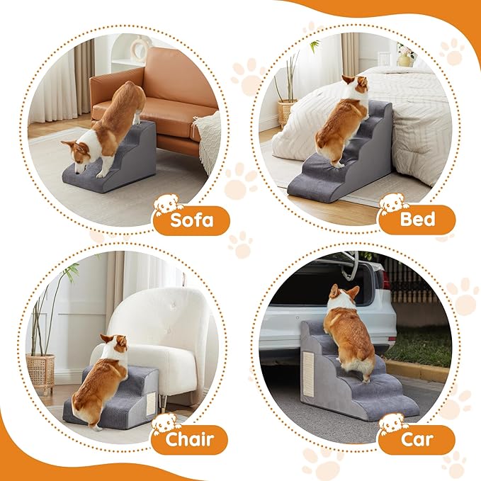 Dogs Steps for Bed, Dog Stairs for Small Dogs, 2-Step Dog Ramp for Bed, Couch, Sofa, and Chairs, Non-Slip Bottom Design, Cat Scratching, High Density Foam Portable Pet Step, Indoor, Grey-PawvioPets