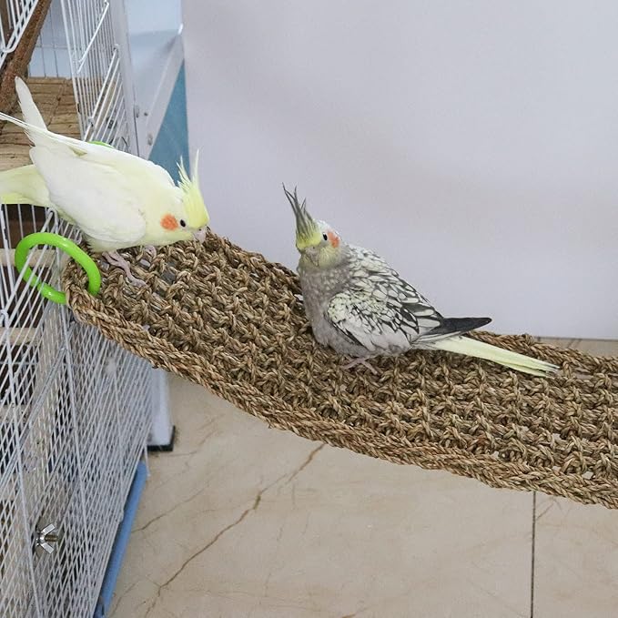39 x 7 Inches Seagrass Mat, Natural Seagrass Woven Net, Bird Hammock Mat with Hooks, Cage Accessories, Climbing Rope Ladder Chew Toys for Cockatiel, Hamster, Guinea Pig, Rats, Parakeet-PawvioPets