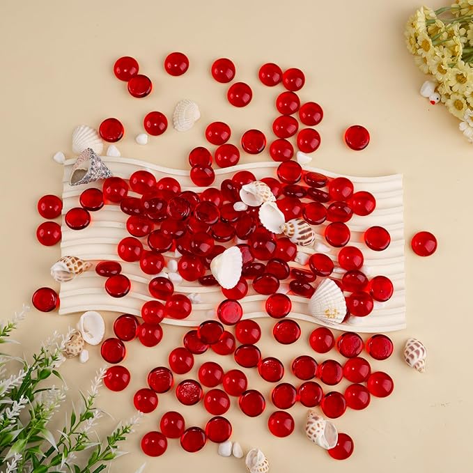 1LB Red Glass Marbles, Transparent and Smooth Flat Glass Beads for Vases, Mosaic Gem Pebbles for Aquarium Decor, Floral Arrangements, Mancala Stones, Vase Filler and Crafts (Approx. 80-100 PCS)-PawvioPets