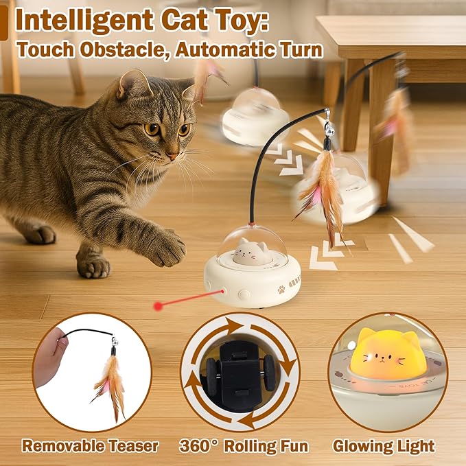 AIERSA Interactive Cat Toys for Indoor Cats, Automatic Enrichment Toy with LED Light and Feather for Cats and Kittens, Moving Self Play Stimulation Toy for Cat Lover Gifts-PawvioPets