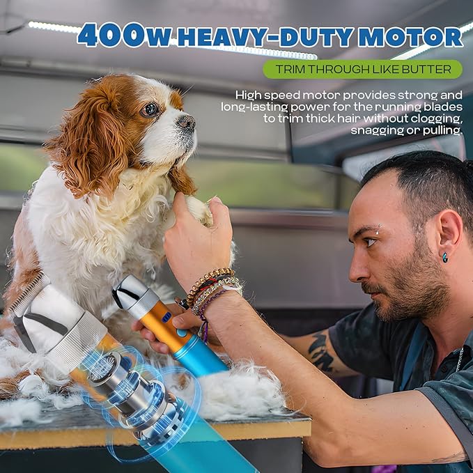 Dog Clippers for Grooming Cordless 400W with Rechargeable 5h-Standby Battery, Low Noise < 50db, Heavy-Duty Pet Hair Shaver Kit, with 2 Sharp & Detachable Blades of 3MM&6MM, Blue-PawvioPets