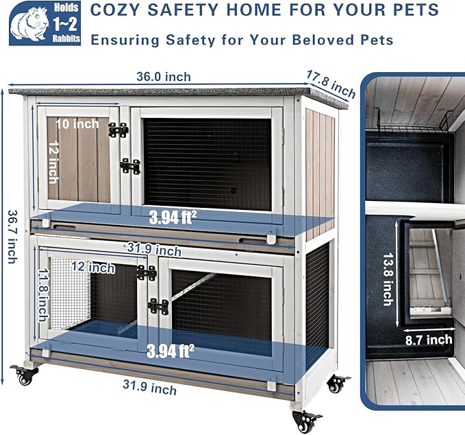 36" L Guinea Pig Cages Wooden, 2 Story Rabbit Cage Indoor Guinea Pig Habitat on 4 Metal Wheels and 2 Deeper Pull-Out Trays, Ramp, Leak Proof Guinea Pig Cages Indoor Small Animal Cage, Grey-PawvioPets