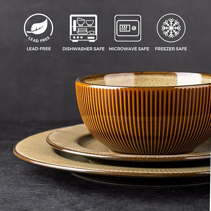 GBHOME Ceramic Dinnerware Sets,12 pcs Embossed Elegant Stoneware Plates and Bowls Sets, Housewarming Wedding Gift | Dishwasher & Microwave Safe | Dishes Set Service for 4-PawvioPets