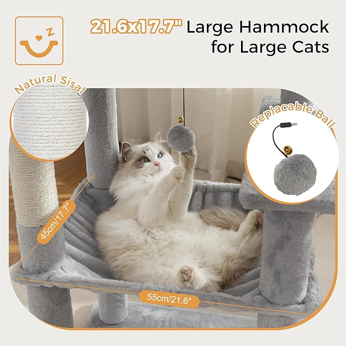 72” Cat Tree for Large Cats Big Cat Tower with Enlarged Hammock 21.6x17.7” Spacious Cats Condo House and Roomy Top Bed and Multiple Scratch Posts for Indoor Adult Cats (Grey, XLarge-72)-PawvioPets