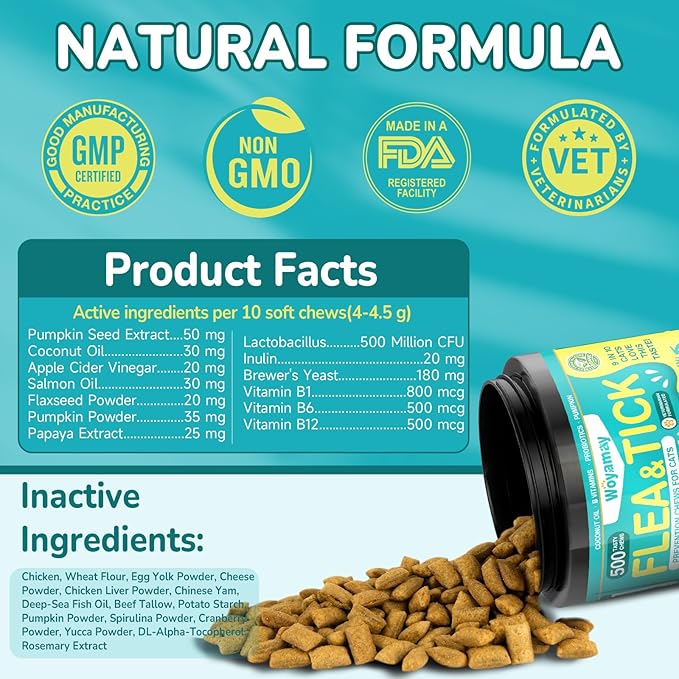 4-IN-1 Flea and Tick Prevention for Cats, 500 Crunchy & Creamy Chews, Cat Flea Treatment, Natural Oral Flea Treatment for Cats, Daily Support for Flea, Immune, Skin & Coat, Gut, Chicken Flavor-PawvioPets