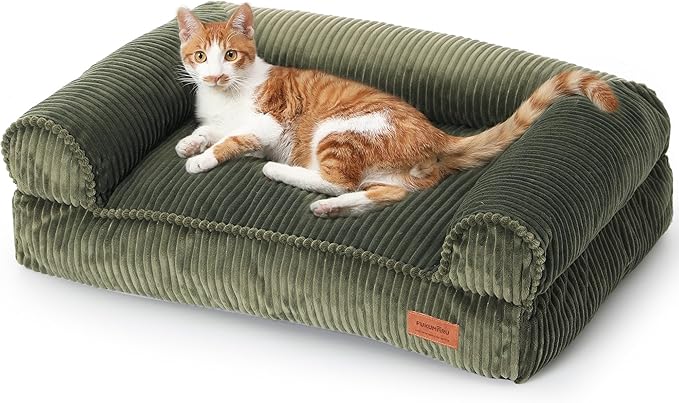 FUKUMARU Dog Couch Bed, Corduroy Cozy Cat Bed for Indoor Cats with Washable Cover, Supportive Waterproof Dog Beds Sofa for Small Dogs and Large Cats Cute, 28inch, Medium, Green-PawvioPets