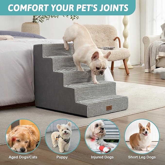 Dog Stairs for Small Dogs, 5 Tier Wider Pet Stairs for High Beds, 23.6" H Non-Slip Dog Steps for Old Cats, Puppies, Small Medium Dogs, 29.5x19.7x23.6 inch, White Black-PawvioPets