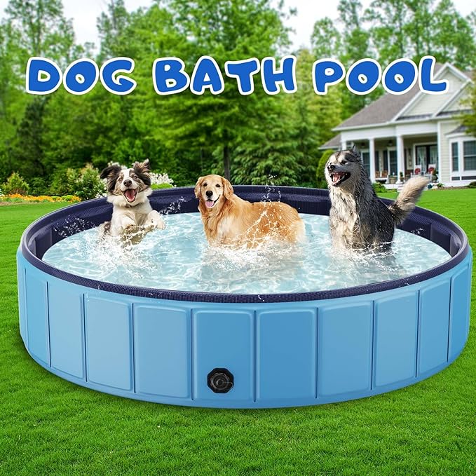 Foldable Dog Swimming Pool, Totiro 91"x16" Oversize Collapsable Hard Plastic Portable Bathing Tub for Pet Dog Kiddie Pool Indoor and Outdoor Leakproof PVC Play Pool for Large Dogs Pets Puppy Kids Blue-PawvioPets