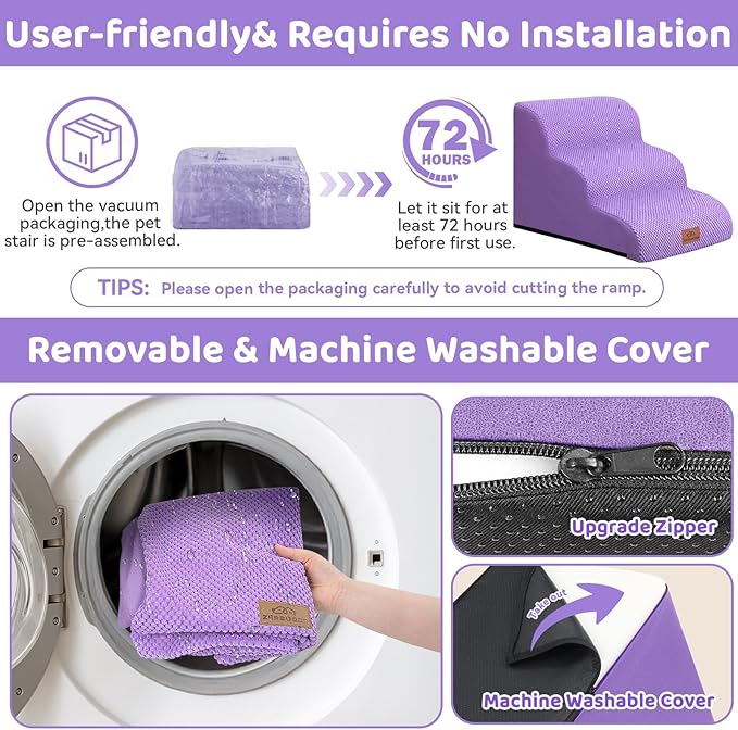 Dog Ramp and Stair for Bed 16" H-20 H,3-Step Cat Stair for Sofa and Chair,4-Step Dog Ramp for High Bed and Window,Durable Nonslip Fabric Stair for Indoor (Purple-16 H, Pet Friendly, 3)-PawvioPets