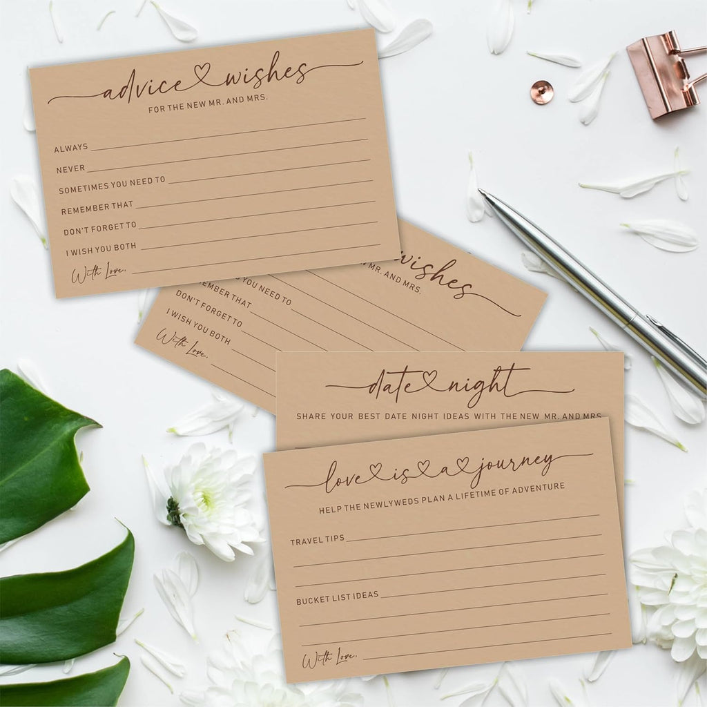 Wedding Advice Cards - Wishes For The New Mr & Mrs Wedding Advice Sign -A Standing Sign With 3 Types Of 4 x 6 Advice Cards -Bride and Groom Newlyweds Bridal Shower Decoration,Games(Brown) - C03