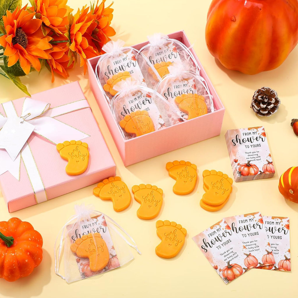 50 Sets Baby Shower Soap Favors for Guests - Mini Handmade Footprint Scented Soap with Thank You Cards and Organza Bag, Party Gifts for Gender Reveal Baptism Shower(Pumpkin Orange)