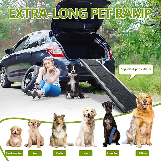 Dog Ramp for Cars SUV Truck-17.3x71in Heavy Duty Foldable Wide Outdoor Pet Stairs with Non-Slip Surface Portable Folding Design for Large Dogs Up to 250lbs (63" L x 17.3" W)-PawvioPets