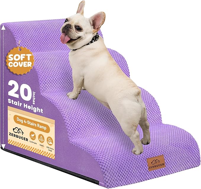 Dog Ramp and Stair for Bed 16" H-20 H,3-Step Cat Stair for Sofa and Chair,4-Step Dog Ramp for High Bed and Window,Durable Nonslip Fabric Cover for Indoor (Purple-20 H, Pet Friendly, 4)-PawvioPets