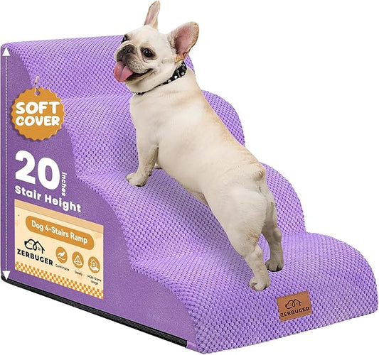 Dog Ramp and Stair for Bed 16" H-20 H,3-Step Cat Stair for Sofa and Chair,4-Step Dog Ramp for High Bed and Window,Durable Nonslip Fabric Cover for Indoor (Purple-20 H, Pet Friendly, 4)-PawvioPets