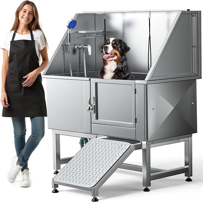 DWVO Professional Pet Dog Bathing Station for Grooming, 50'' Dog Grooming Bathtub with Right Ramp, Floor Grate, Faucet, Showerhead & Soap Holder for Large, Medium & Small Pets-PawvioPets