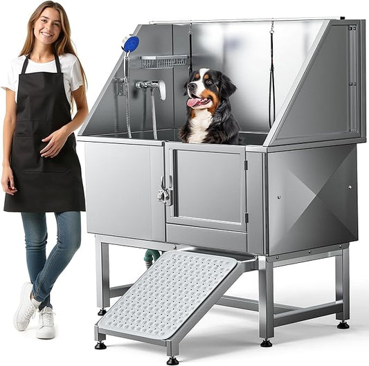 DWVO Professional Pet Dog Bathing Station for Grooming, 50'' Dog Grooming Bathtub with Right Ramp, Floor Grate, Faucet, Showerhead & Soap Holder for Large, Medium & Small Pets-PawvioPets