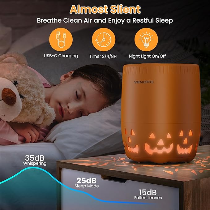 Air Purifiers for Home Bedroom up to 1076ft², True HEPA Air Filters Dust Pets Smoke Hair, 3 Fan Speeds Quiet, Timer Settings, Rechargeable Air Cleaner Office, Bedroom, Pets, Car(Orange)-PawvioPets