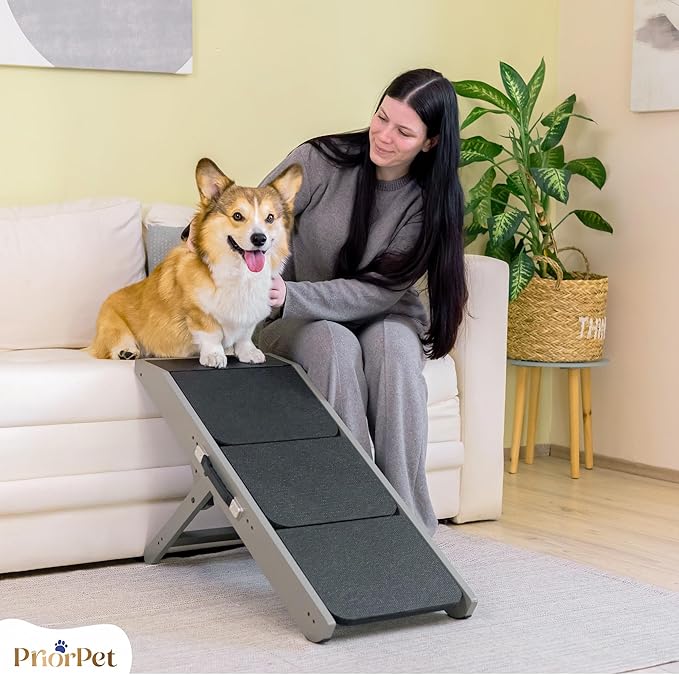 Dog Steps for Bed & Couch 2-in-1 Dog Stairs/Ramp - Height Adjustable Dog Ramp for Couch 7” - 20” - Pet Stairs, Dog Stairs for Small Dogs - Easy to Move Pet Steps with Landing Platform, Gray-PawvioPets