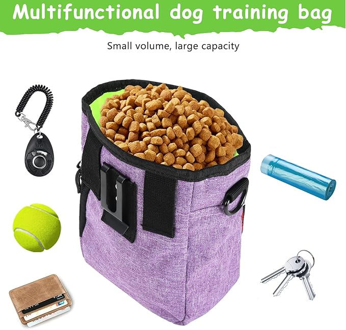Dog Treat Pouches for Pet Training with Magnetic Closure Treat Pouches for Pet Training,Large Dog Treat Training Pouch and Dog Clicker,Training Treat Pouch Built-In Poop Bag Dispenser-Purple.-PawvioPets