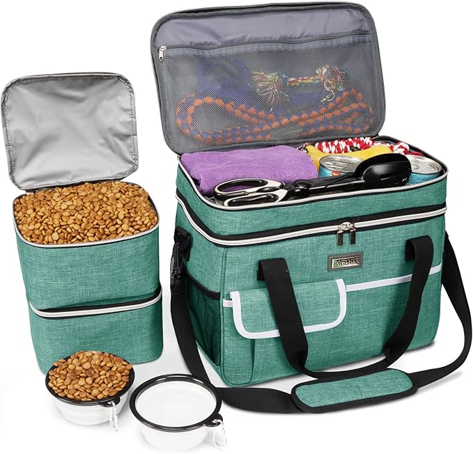 BAGLHER Dog Travel Bag for Supplies - Double-Layer Airline Approved Weekend Pet Travel Organizer Set for Dog and Cat Tote with 2 Pet Food Containers and 2 Collapsible Silicone Bowls Green-PawvioPets