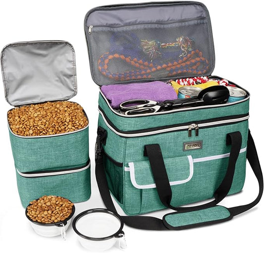 BAGLHER Dog Travel Bag for Supplies - Double-Layer Airline Approved Weekend Pet Travel Organizer Set for Dog and Cat Tote with 2 Pet Food Containers and 2 Collapsible Silicone Bowls Green-PawvioPets