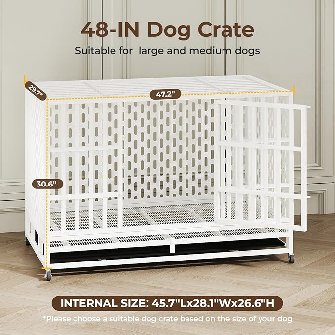 48 Inch Heavy Duty Indestructible Dog Crate Steel Escape Proof, Indoor Double Door High Anxiety Cage, Kennel with Wheels, Removable Tray,White,Extra Large XL XXL-PawvioPets