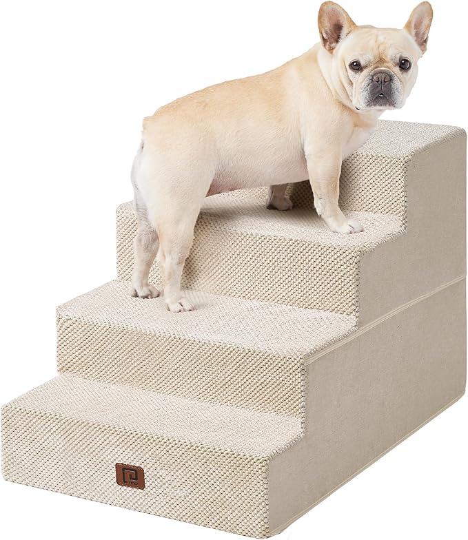 EHEYCIGA Dog Stairs for Bed 20" H, 4-Step Extra Wide Dog Steps for High Bed, Pet Steps for Small Dogs and Cats, Non-Slip Balanced Pet Ramp Indoor, Beige-PawvioPets