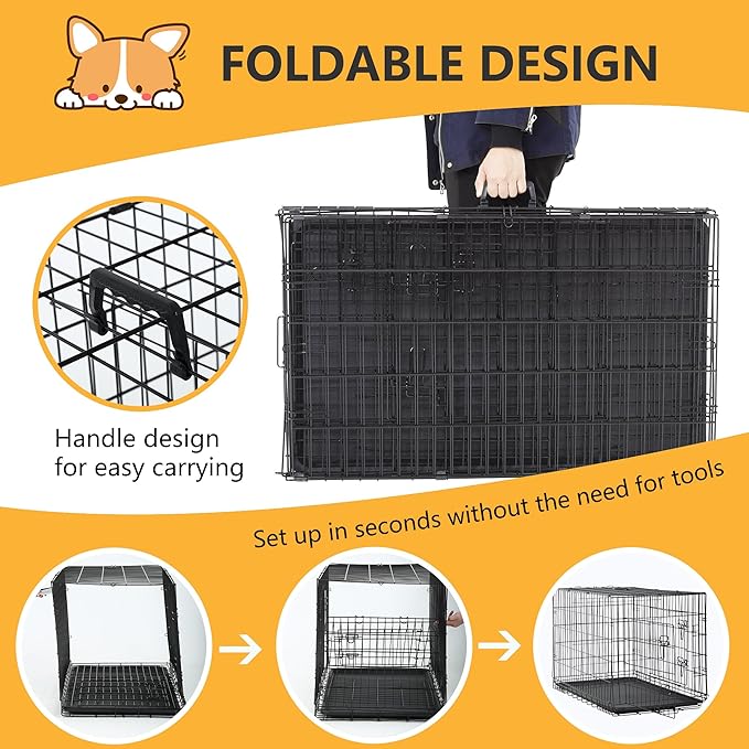 FDW Dog Crate Dog Kennel Cage with Double Door,36 inch Folding Metal Wire Dog Cage with Removable Tray&Divider Panel,Pet Crate for Medium Dogs,Black-PawvioPets