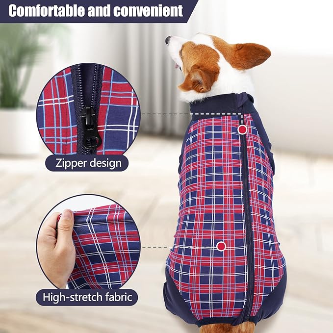 Dog Recovery Suit, Abdominal Wound After Surgery Wear, Anti Licking Bodysuit with Zipper, E-Collar & Cone Alternatives, Plaid Dog Spay Surgical Onesie Prevent Shedding(Small, Red)-PawvioPets