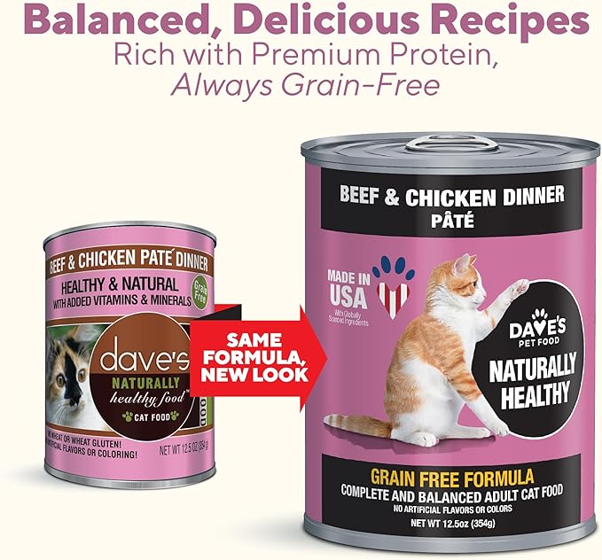 Dave's Pet Food Grain Free Wet Cat Food Pate (Beef & Chicken), Made in USA Naturally Healthy Canned, 12.5 oz Cans (12 Pack)-PawvioPets