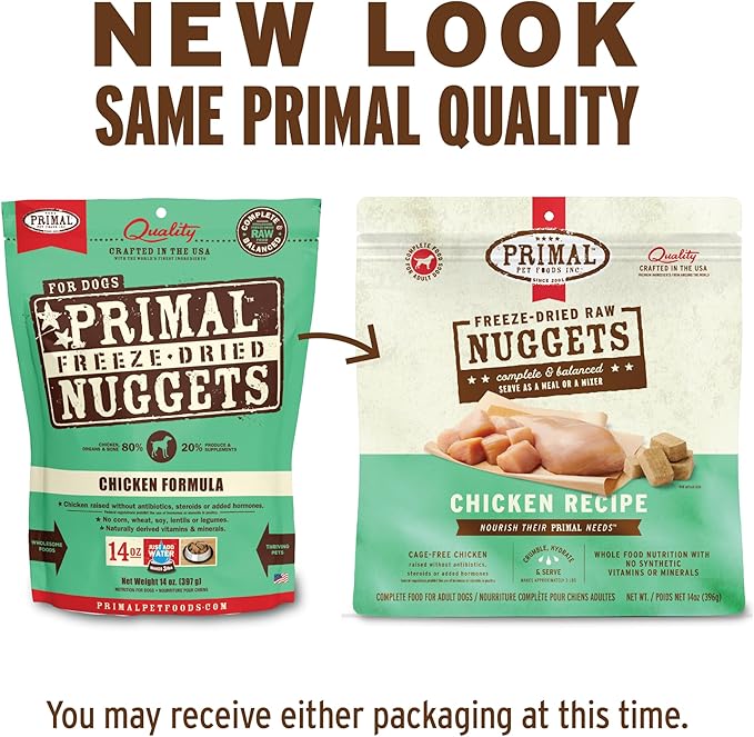 Primal Freeze Dried Dog Food Nuggets, Chicken; Complete Balanced Meal, Topper or Treat; Premium, Healthy, Grain Free, High Protein Raw Dog Food, 14 oz-PawvioPets