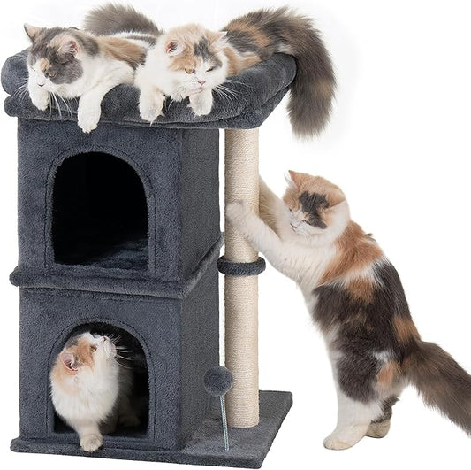 24in Cat Tree Tower with Scratching Post, 19 * 16.5in Window Perch for Large Cats, 2 Cat Condo Cubbies for Indoor Kittens, Dark Gray-PawvioPets