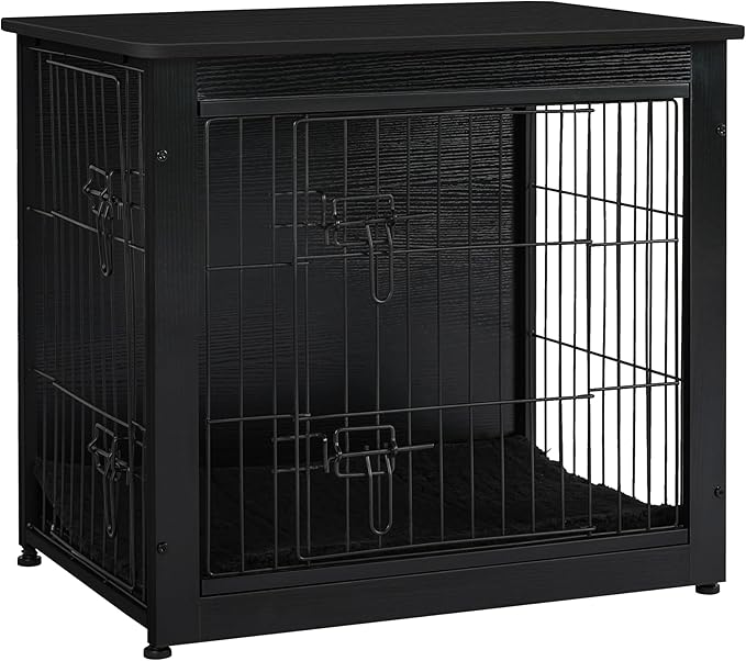 DWANTON Dog Crate Furniture with Cushion, Wooden Kennel Table with Double Doors, Indoor Dog House, Small/Medium/Large Size, 27.2" L, Black-PawvioPets