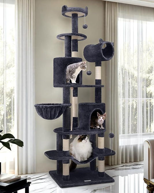 Globlazer Artistic Curved Cat Tower for Small Cats (Under 12 lbs), 81-inch Slim Design Cat Tree with Space-Saving Design, Indoor Cat Condo with Hammock & Tunnel, C81, Dark Gray, Non-Large Cats-PawvioPets