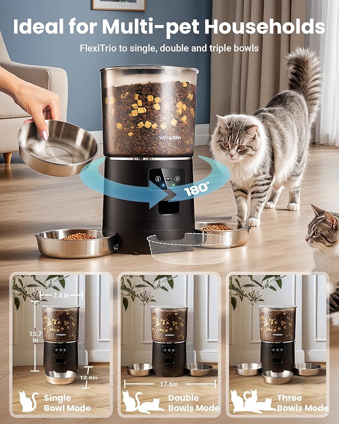Automatic Cat Feeder for 3 Cats, 6L/25 Cups Smart WiFi Pet Feeder, Strong Anti-Jam System, Dual-Effect Desiccant Cat Food Dispenser, with 10S Voice Recorder for Cats and Small Dog(Black)-PawvioPets