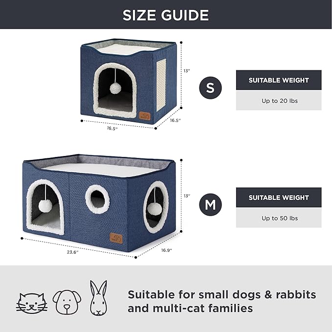 Bedsure Large Cat Beds for Indoor Cats - Extra Wide Cat Cube House for Small Pet with Fluffy Ball Hanging and Scratch Pad, Foldable Pet Cave Hideaway for Multiple Cats, 23.6x16.9x13 inches, Blue-PawvioPets