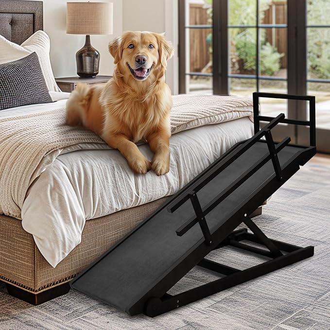 Dog Ramp, 5 Level Adjustable Wooden Folding Pet Ramp for Middle Bed, Couch,SUV-High Traction, Portable Paw Ramps for Small & Large Old Dogs & Cats - Furniture Quality-PawvioPets