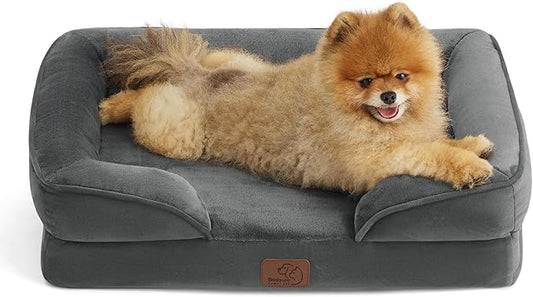 Bedsure Small Orthopedic Dog Bed - Washable Bolster Dog Sofa Beds for Small Dogs, Supportive Foam Pet Couch Bed with Removable Washable Cover, Waterproof Lining and Nonskid Bottom Couch, Dark Grey-PawvioPets
