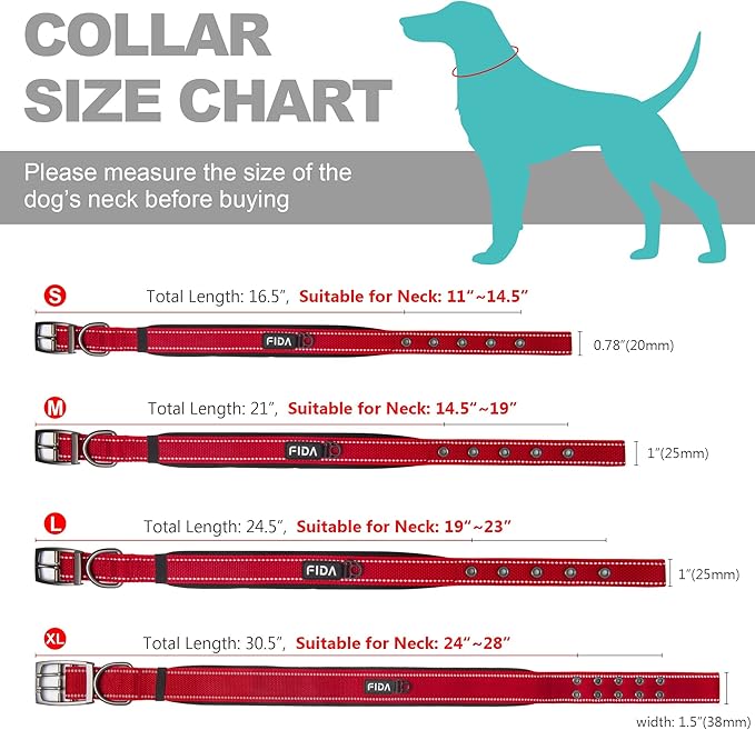 Fida Heavy Duty Dog Collar, Ultra Comfortable Soft Neoprene Padded, Adjustable Reflective Nylon Pet Collar with Durable Metal Belt Buckle for Small Breeds (S, Red)-PawvioPets