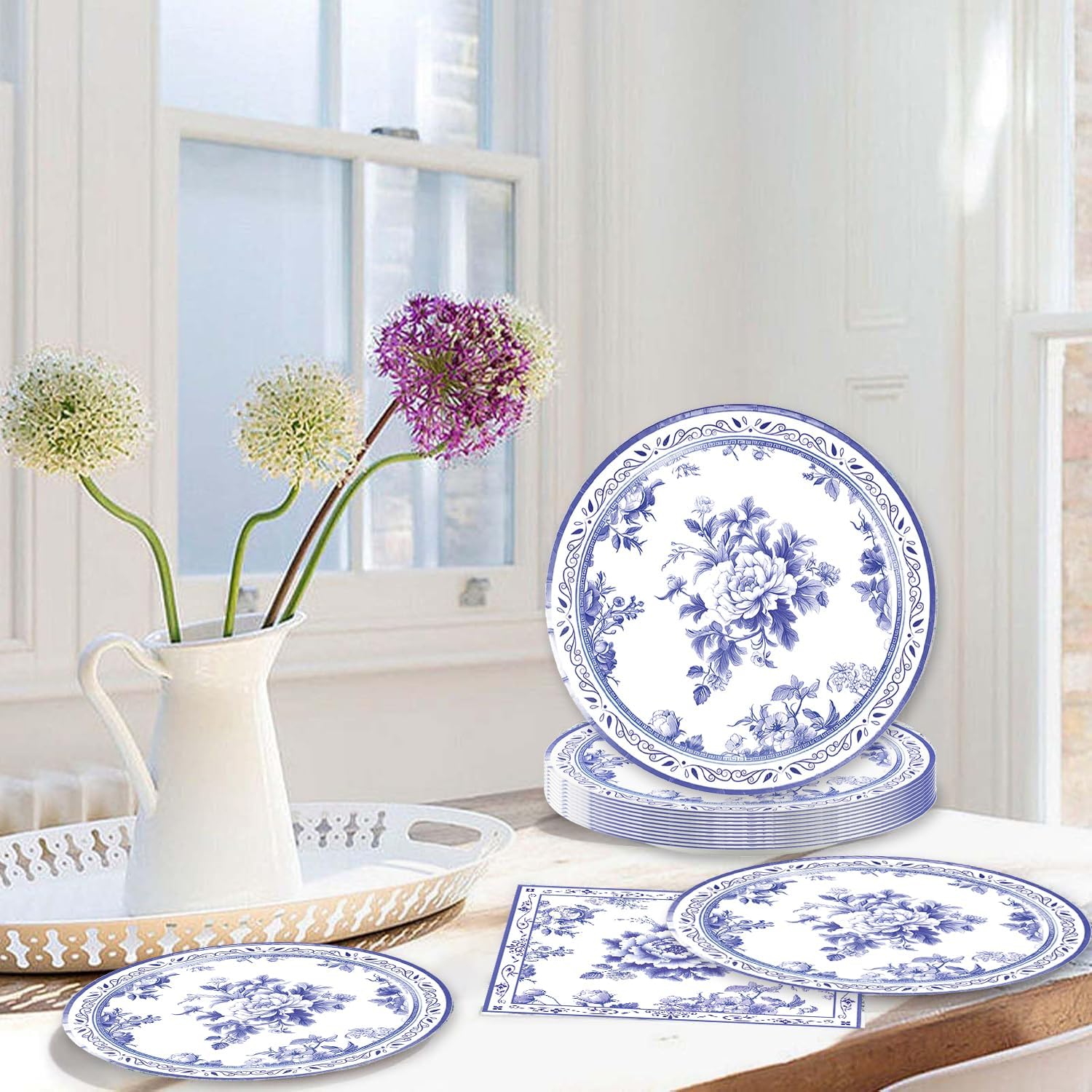 40pcs Blue and White Flower Party Decorations Disposable Blue Floral Plates and Napkins Flower Tableware Set for Bridal Shower Decoration Wedding Tea Party,Suitable for 20 Guests.